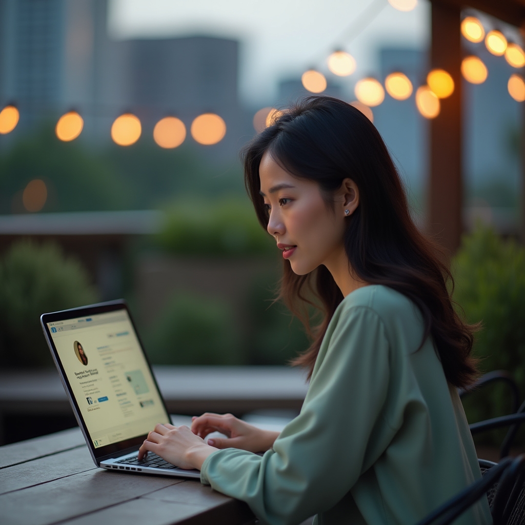 Digitale Verbindungen aufbauen am Laptop auf Terrasse