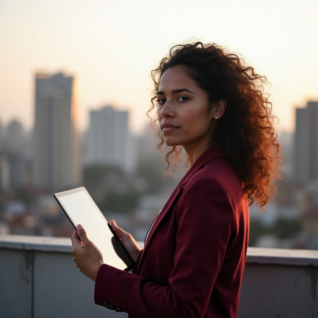 Selbstbewusste introvertierte Fachkraft auf einer Dachterrasse